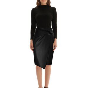 NWT Kate Kasin Vegan Leather Pencil Skirt Knee Length Knot-Front Black Size L